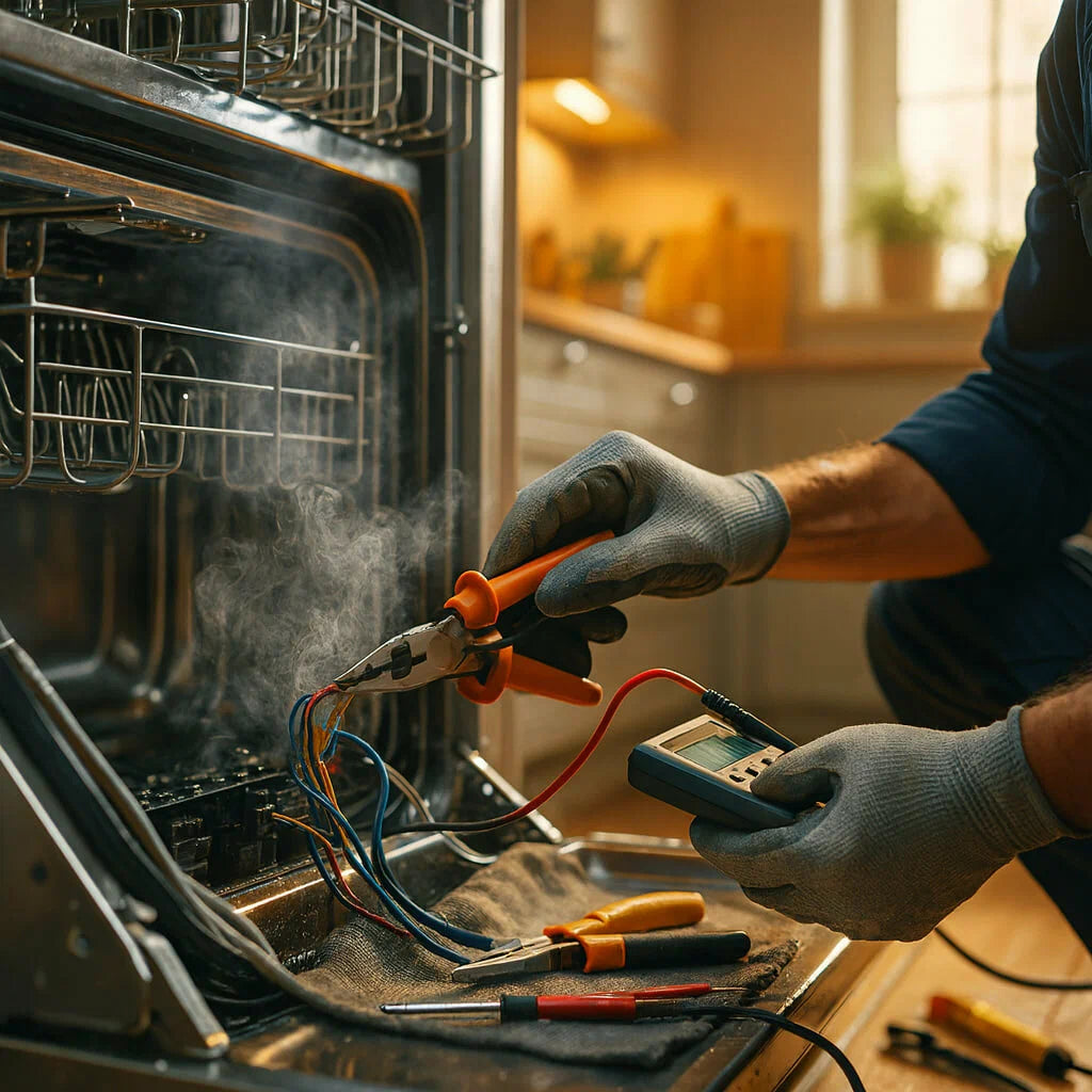 Person repairing an oven with electrical tools in a kitchen setting