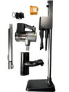 Collection of vacuum cleaner parts on a white background